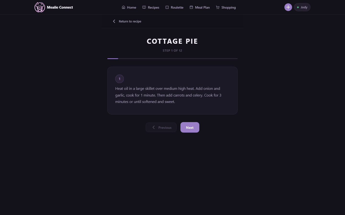 Mealie Connect Cook Mode showing a recipe step with previous and next controls