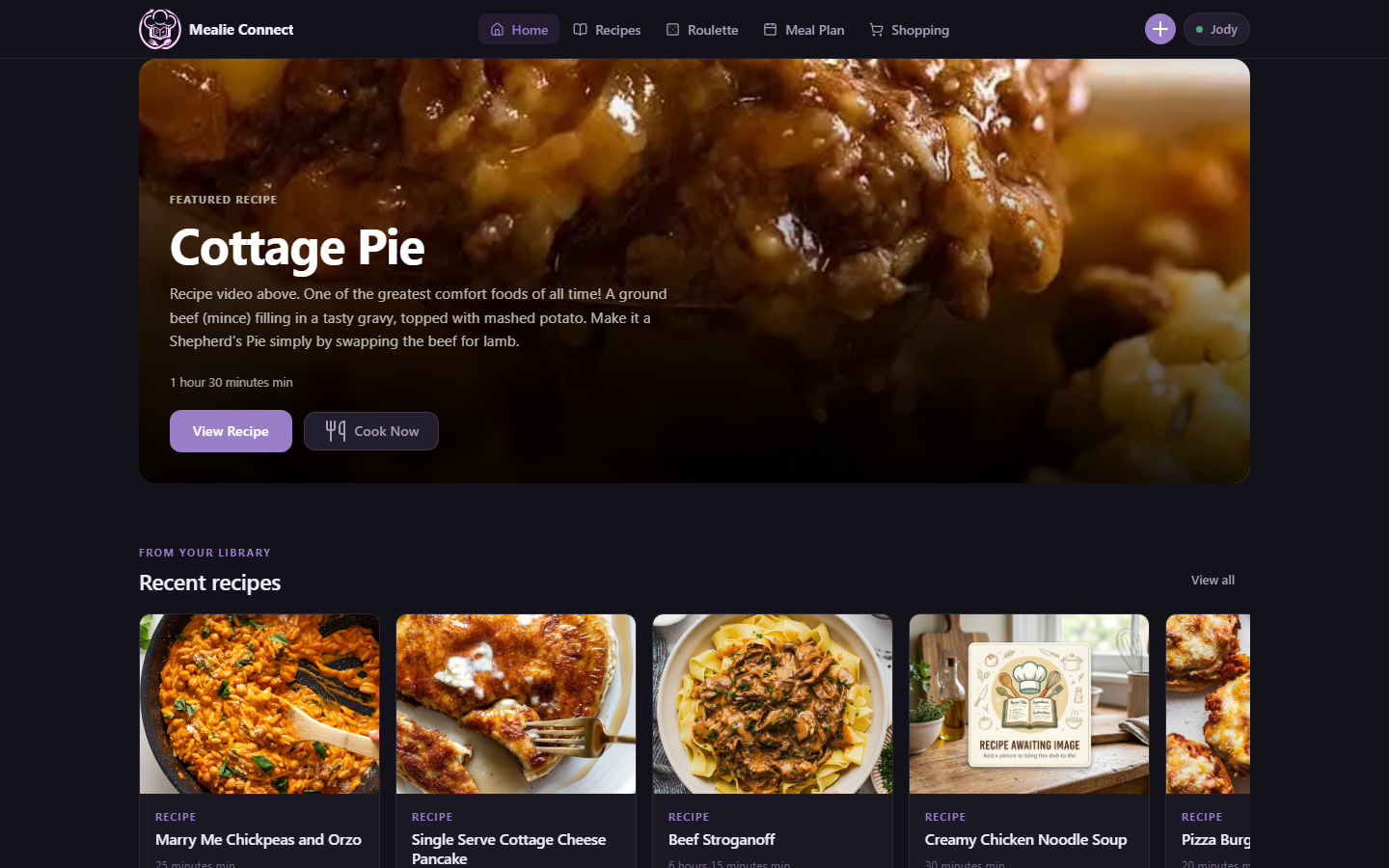 Mealie Connect showing recently synced recipes from a self-hosted Mealie server