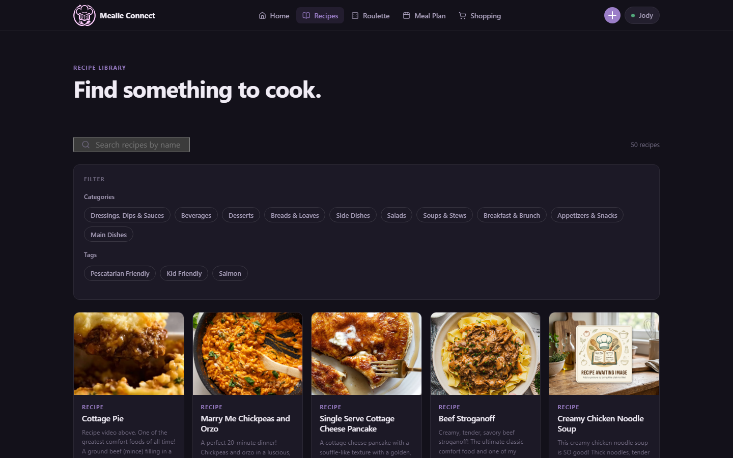 Mealie Connect recipe library with search, category filters, and recipe cards